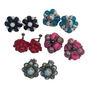 Vintage Earrings Lot 5 Pairs Mixed Floral Clip On Screw Back Hong Kong Czech